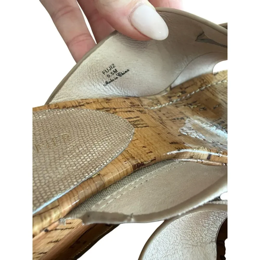 Donald J Pliner Fuji 2 Gold Leather Cork Wedge Toe Ring Sandals Size 9.5